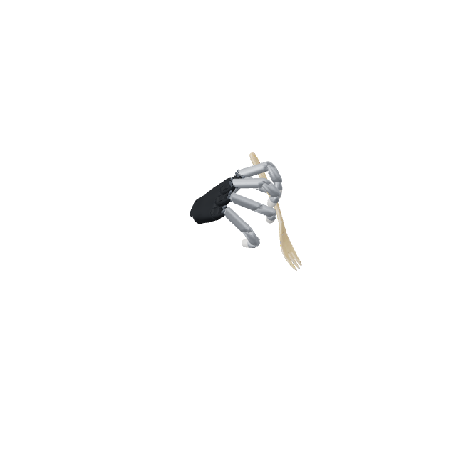 The hand removes a fork from a tool rack.