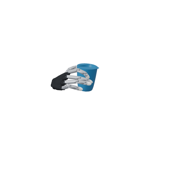 The hand moves a blue teacup to a new position.
