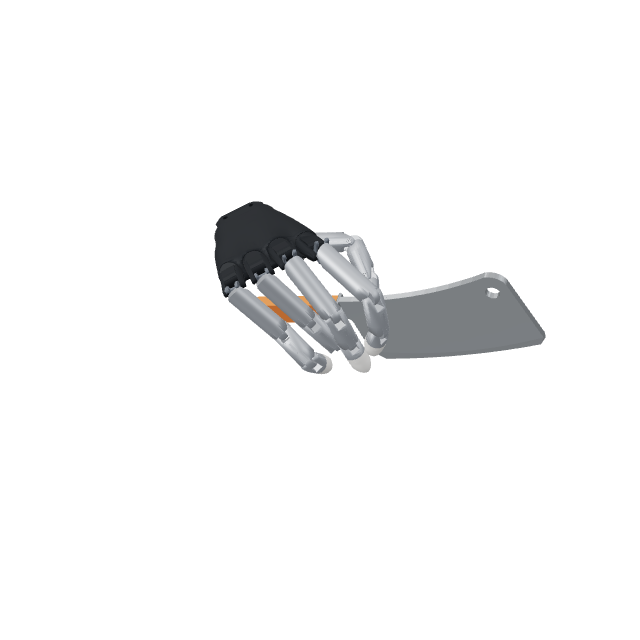 The hand grasps an orange kitchen knife and holds it steady.