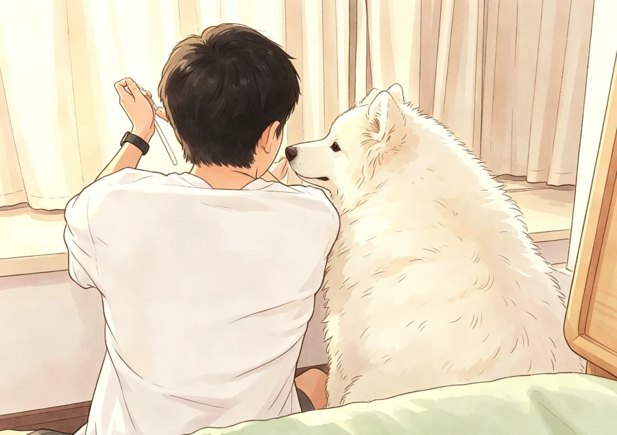 Illustration of Zhexi Luo sitting with a white dog